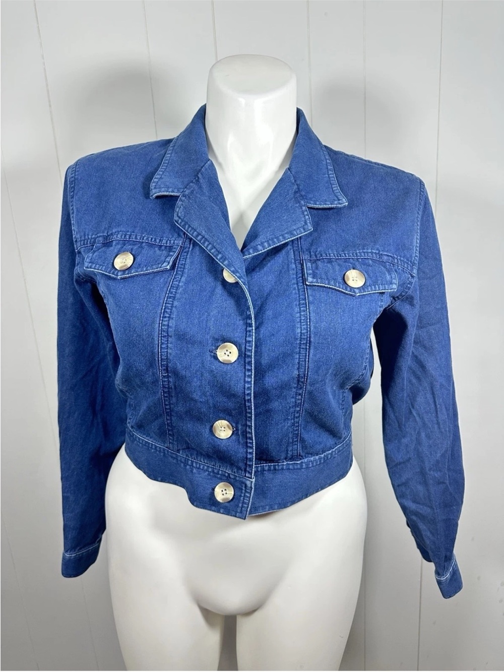 VTG Talbots Denim Jacket Women Size 10 Blue Cropped Pockets Preppy Casual